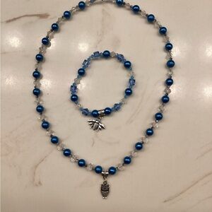 Handmade Blue Beaded Necklace and Bracelet Set